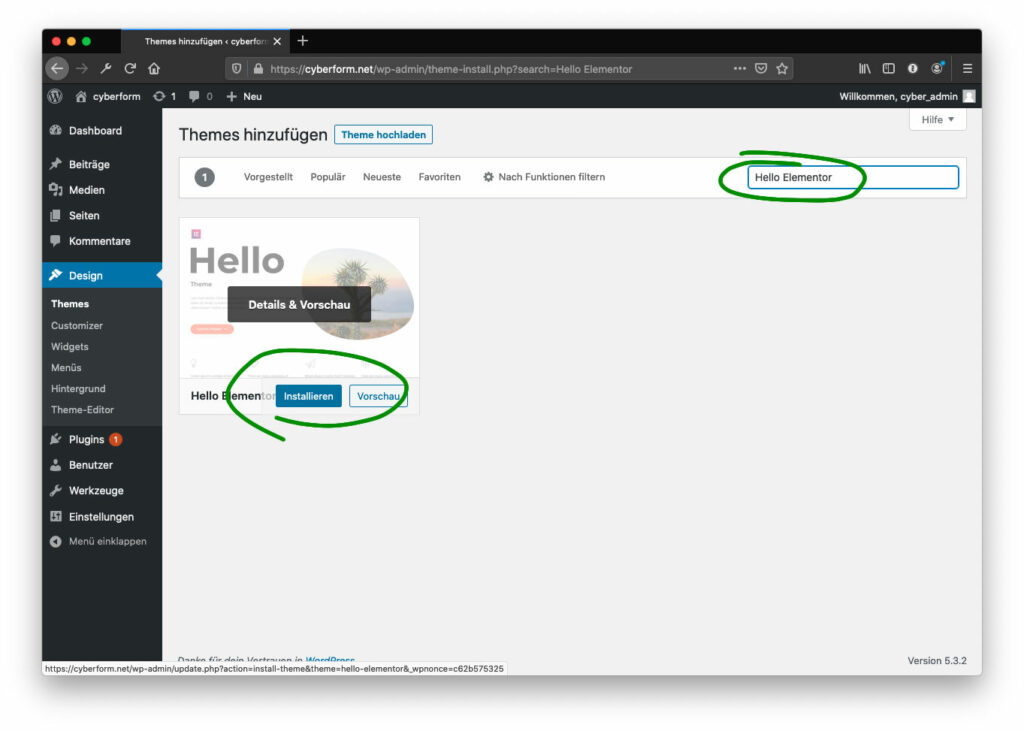 Hello Elementor installieren