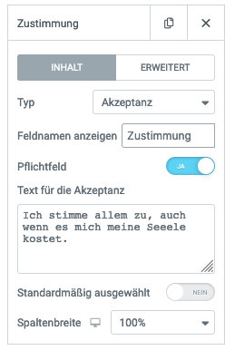 Elementor Formular Akzeptanz
